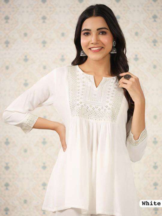 kapda thread Rayon Short length top with Embroidery Work inli kurti manufacturer and wholesaler surat gujarat