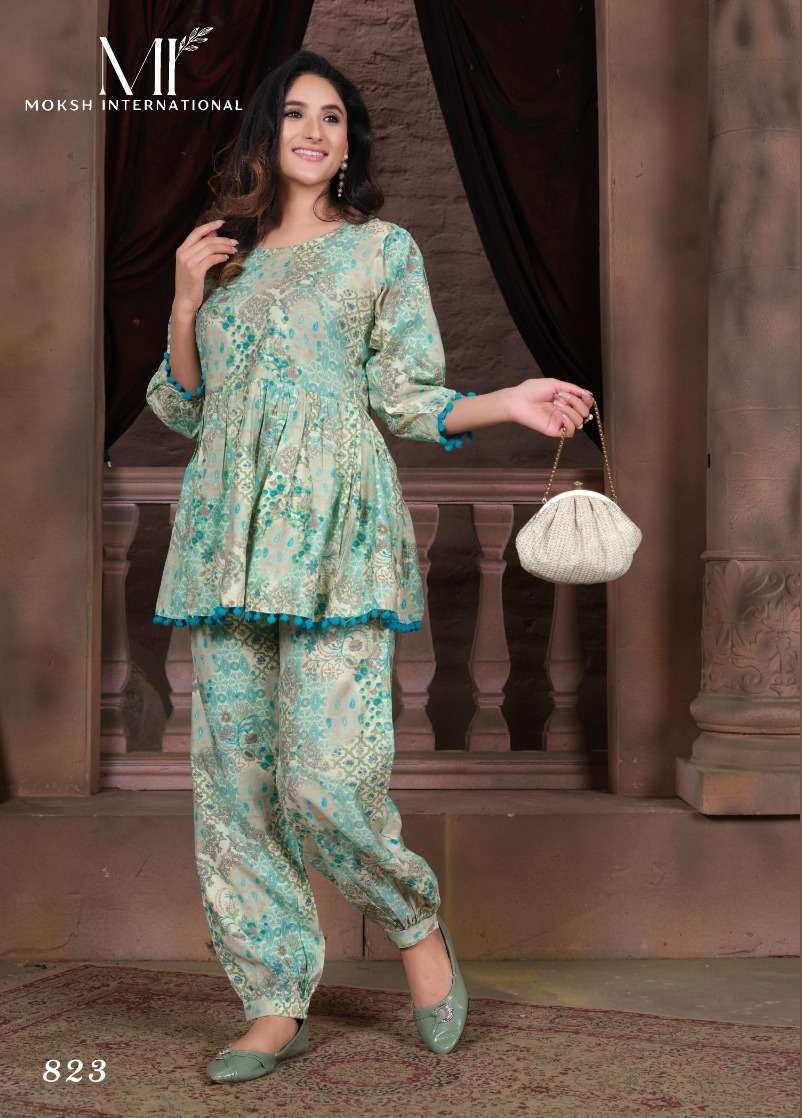 Moksh International Co-ord Kesar Co ord set ladies kurti manufacturer in surat स रत ग जर त