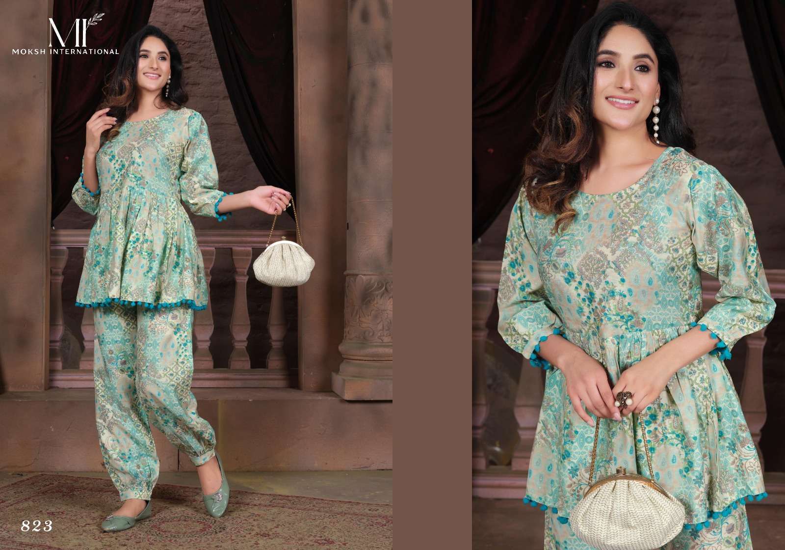 Moksh International Co-ord Kesar Co ord set ladies kurti manufacturer in surat स रत ग जर त