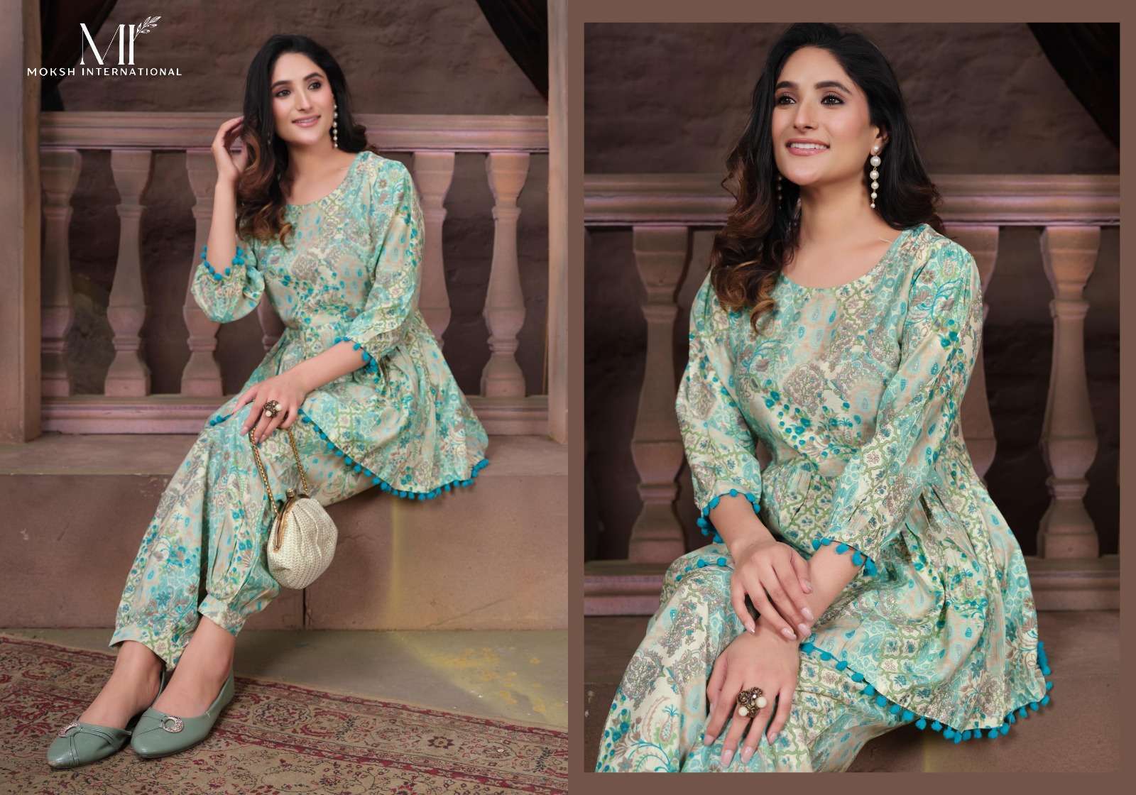 Moksh International Co-ord Kesar Co ord set ladies kurti manufacturer in surat स रत ग जर त