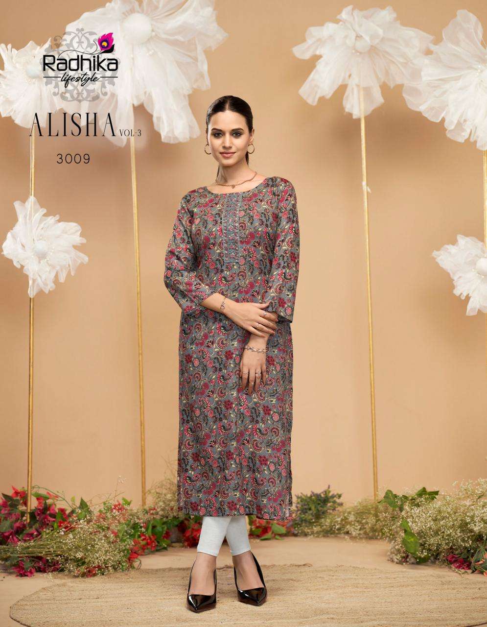 Radhika lifestyle alisha vol 3 kurti manufacturer in surat janasya surat gujarat