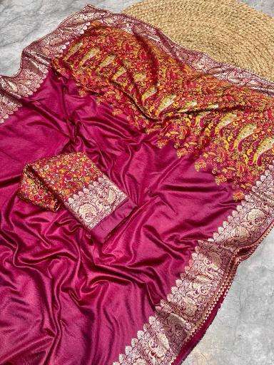 Pure kashmiri kadhai weaved russian cotton silk Saree wholesale market in India