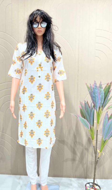 Shorya white straight rayon printed indian embroidered kurti tunic dresses