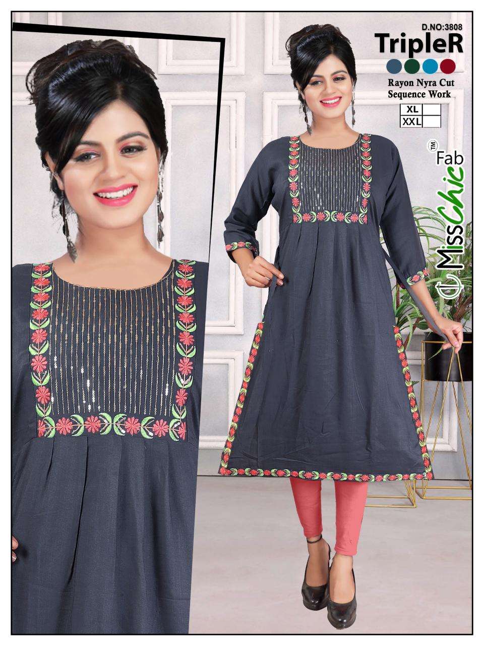 TripleR rayon embroidery indian designer kurtis