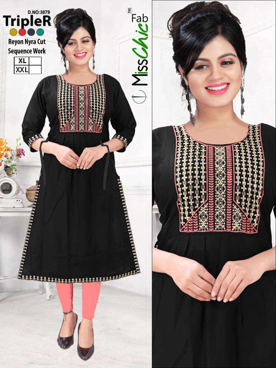 TripleR rayon embroidery indian designer kurtis