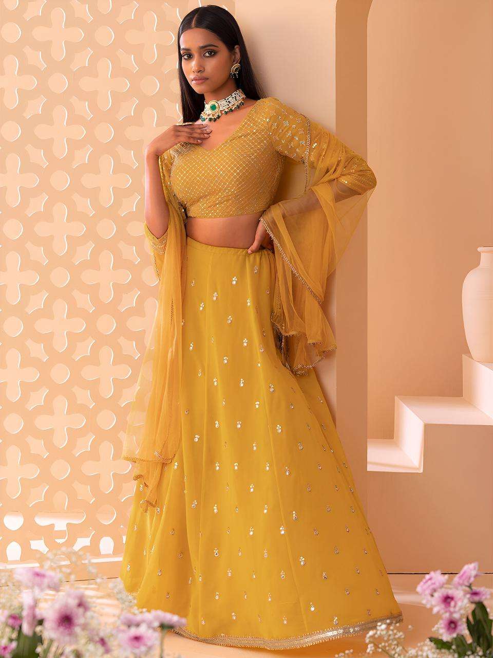 Glamourous Heavy Georgette Yellow Designer lehenga choli in Surat