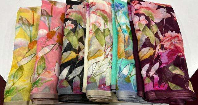 Handloom linen floral digital print Saree wholesale market
