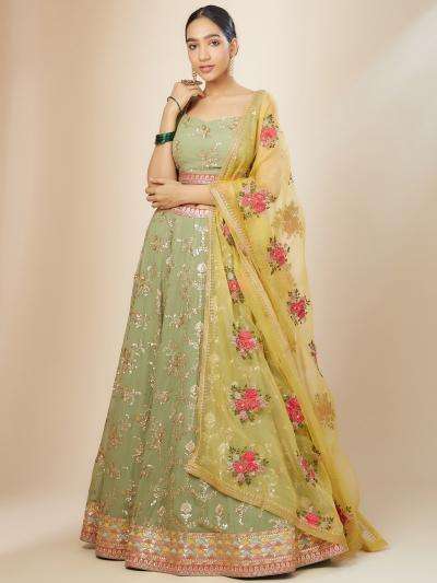 Luxurious Sage Green Heavy Georgette Pista Wholesale Indian lehenga choli market