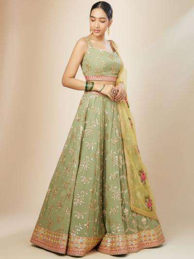 Luxurious Sage Green Heavy Georgette Pista Wholesale Indian lehenga choli market