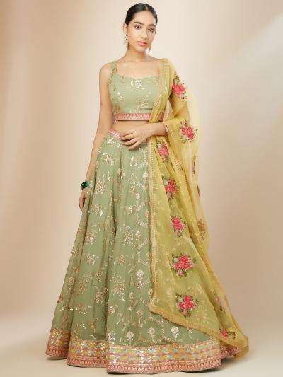 Luxurious Sage Green Heavy Georgette Pista Wholesale Indian lehenga choli market