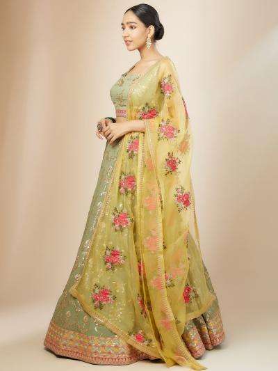 Luxurious Sage Green Heavy Georgette Pista Wholesale Indian lehenga choli market