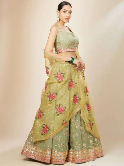 Luxurious Sage Green Heavy Georgette Pista Wholesale Indian lehenga choli market