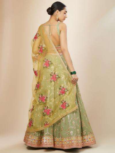Luxurious Sage Green Heavy Georgette Pista Wholesale Indian lehenga choli market