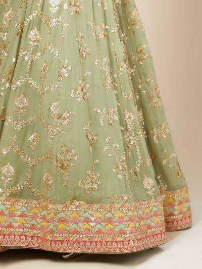 Luxurious Sage Green Heavy Georgette Pista Wholesale Indian lehenga choli market