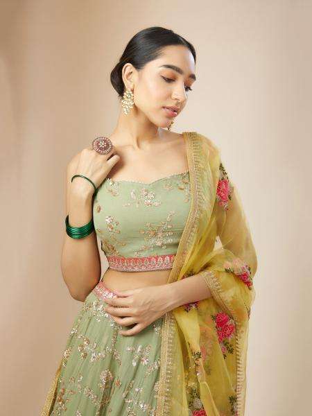 Luxurious Sage Green Heavy Georgette Pista Wholesale Indian lehenga choli market