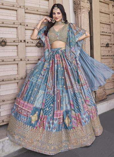 Multi Color Chinon Silk Digital Print Work 999 indian lehenga wholesale