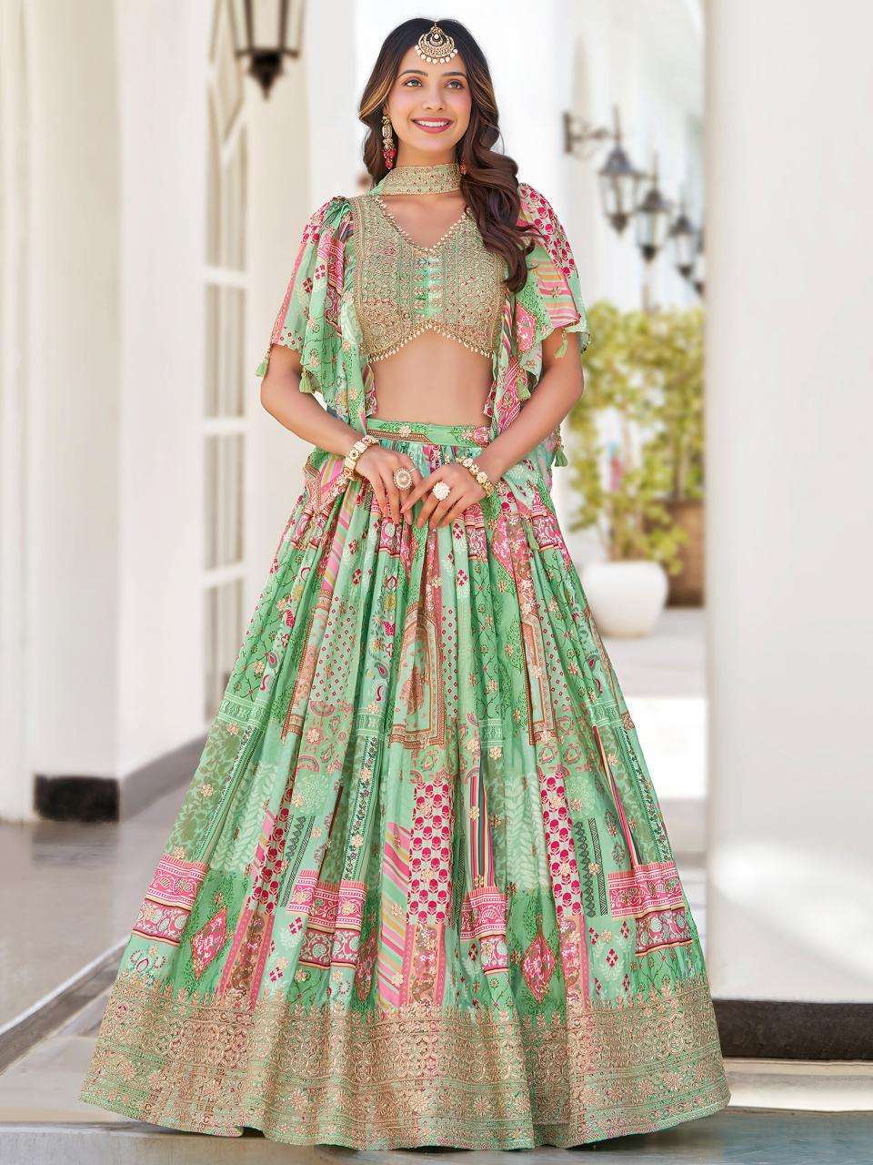 Multicolor Chinnon Silk Green Lehenga choli with price