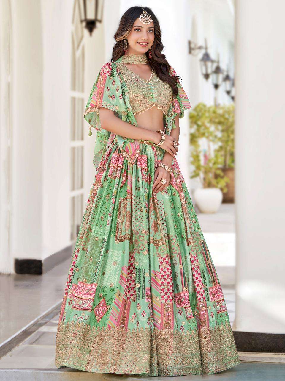 Multicolor Chinnon Silk Green Lehenga choli with price