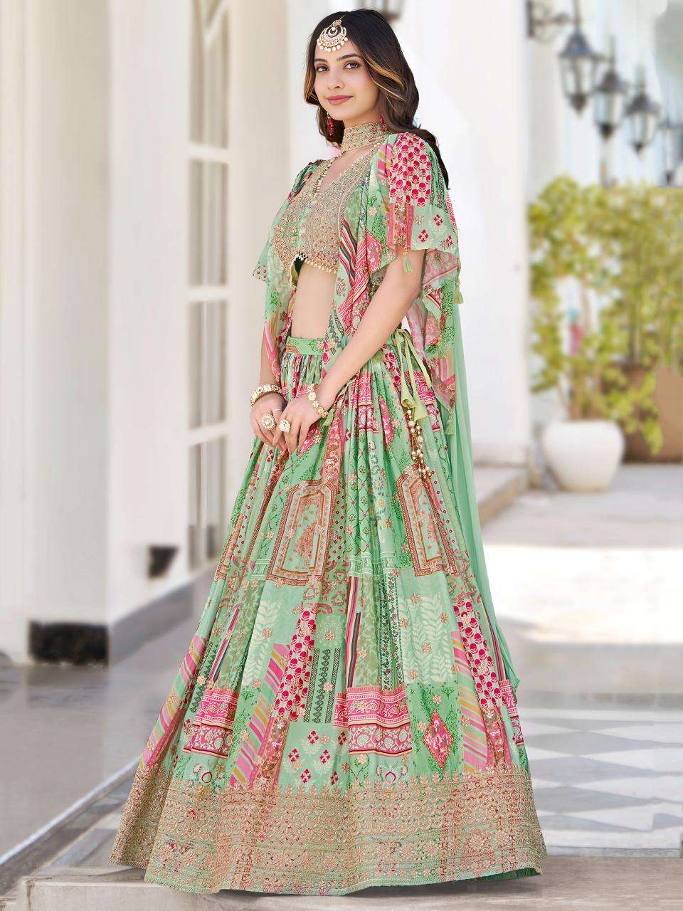 Multicolor Chinnon Silk Green Lehenga choli with price