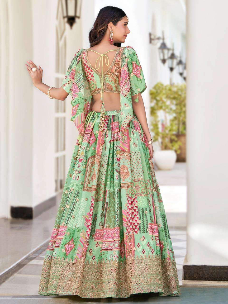 Multicolor Chinnon Silk Green Lehenga choli with price