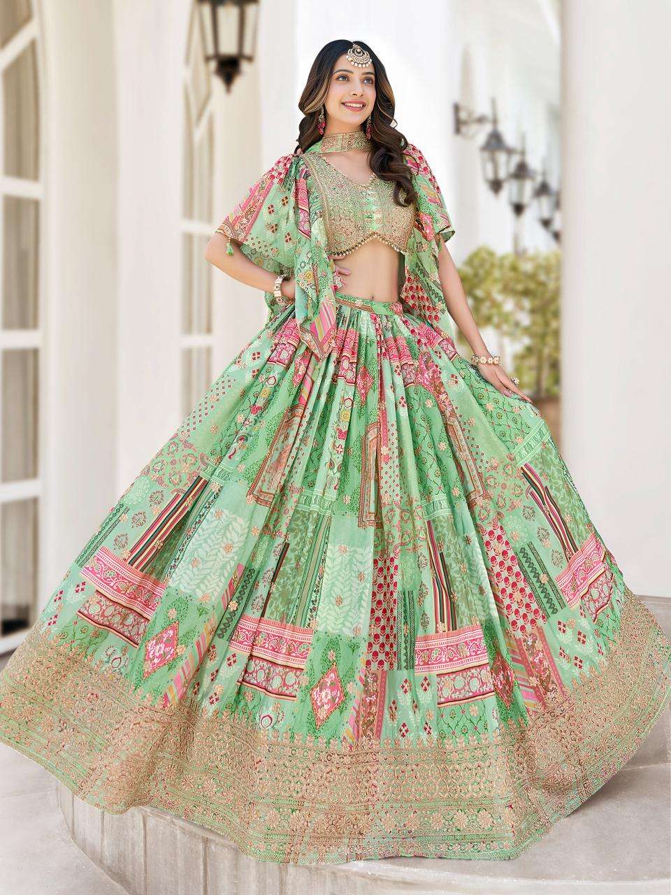 Multicolor Chinnon Silk Green Lehenga choli with price