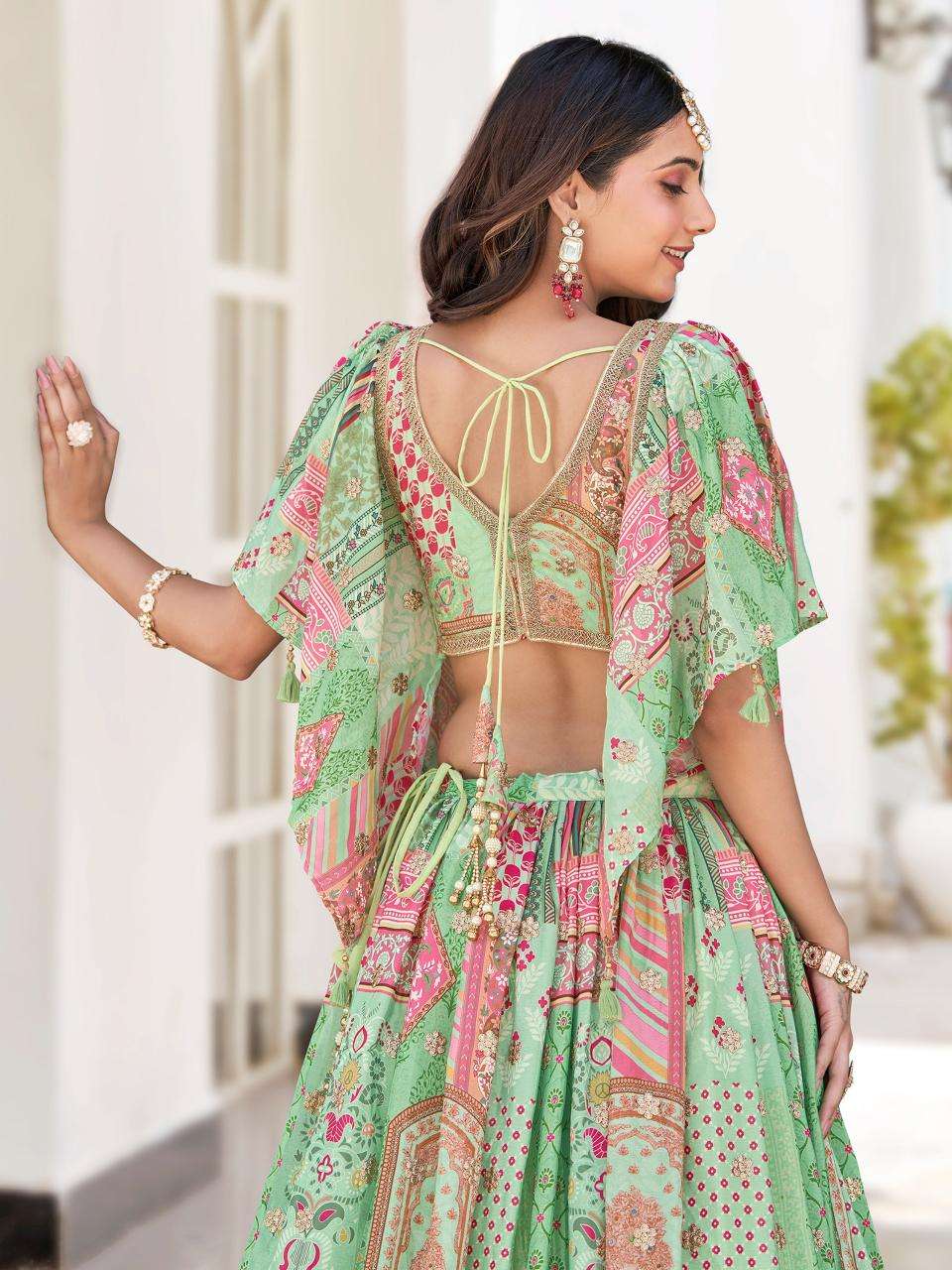 Multicolor Chinnon Silk Green Lehenga choli with price