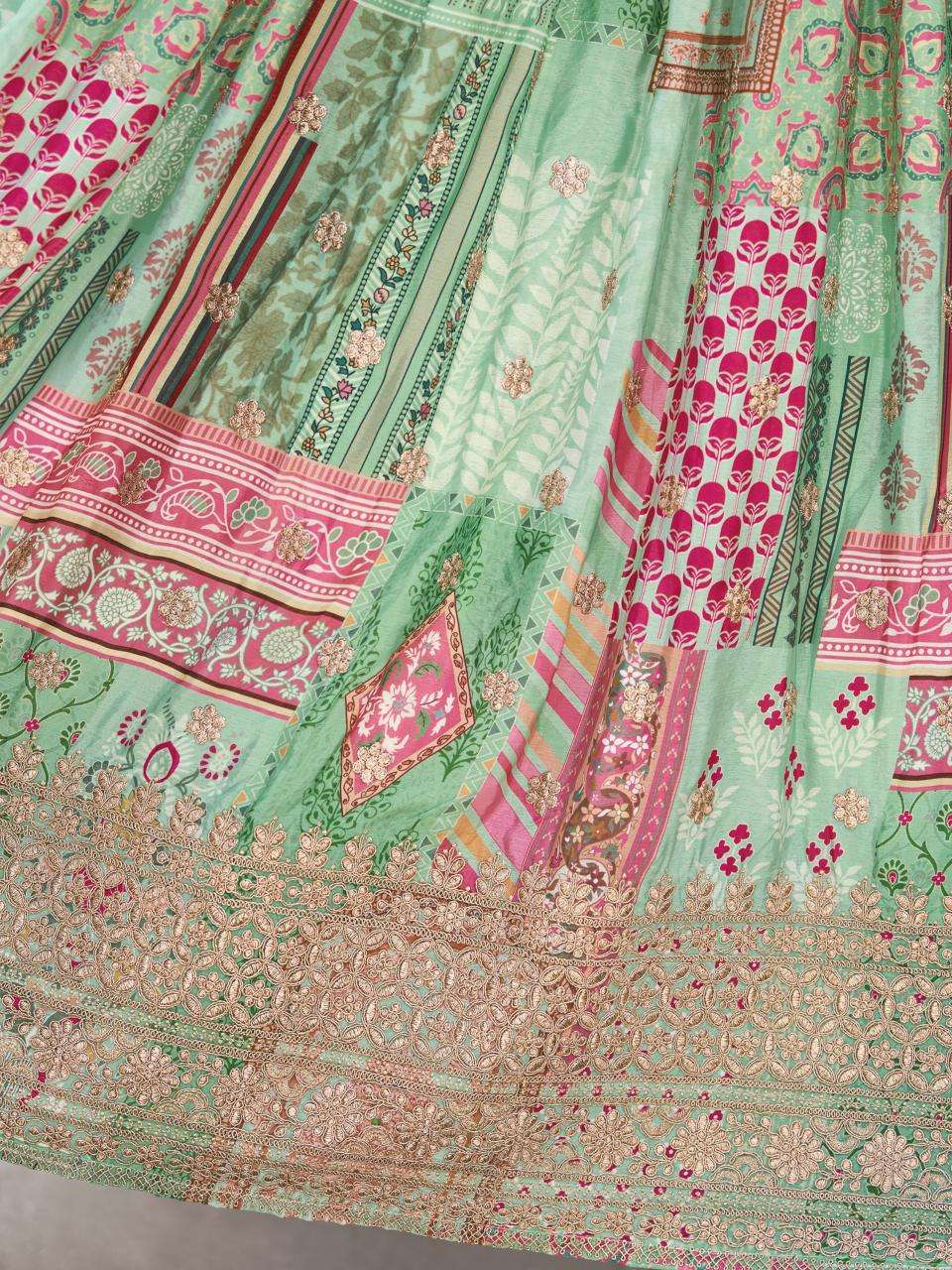 Multicolor Chinnon Silk Green Lehenga choli with price