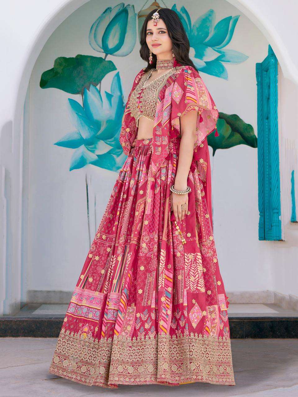 Multicolor Chinnon Silk Pink Designer lehenga choli
