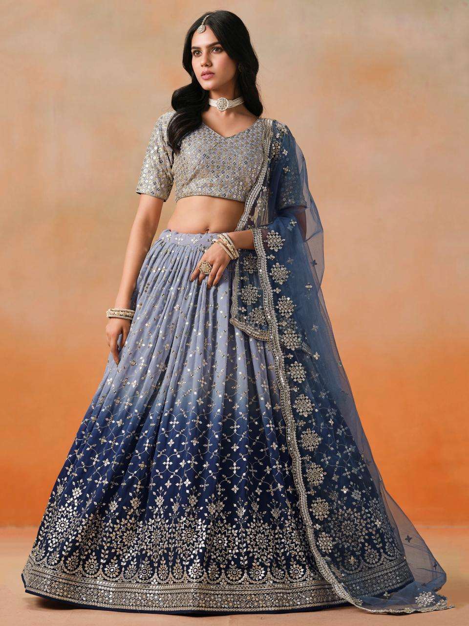 Ombre WEDDING Georgette NavyBlue Printed lehenga choli wholesalers