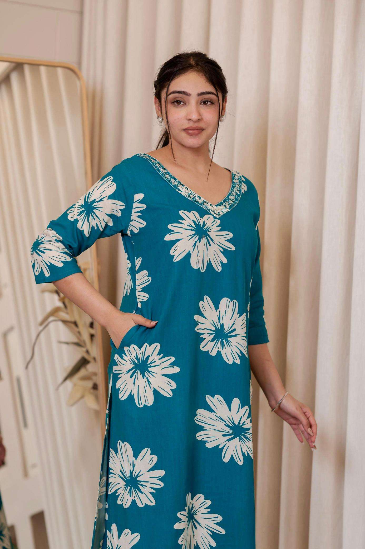 Pirohi kanchi rayon prints v neck cooord set indian kurtis dress