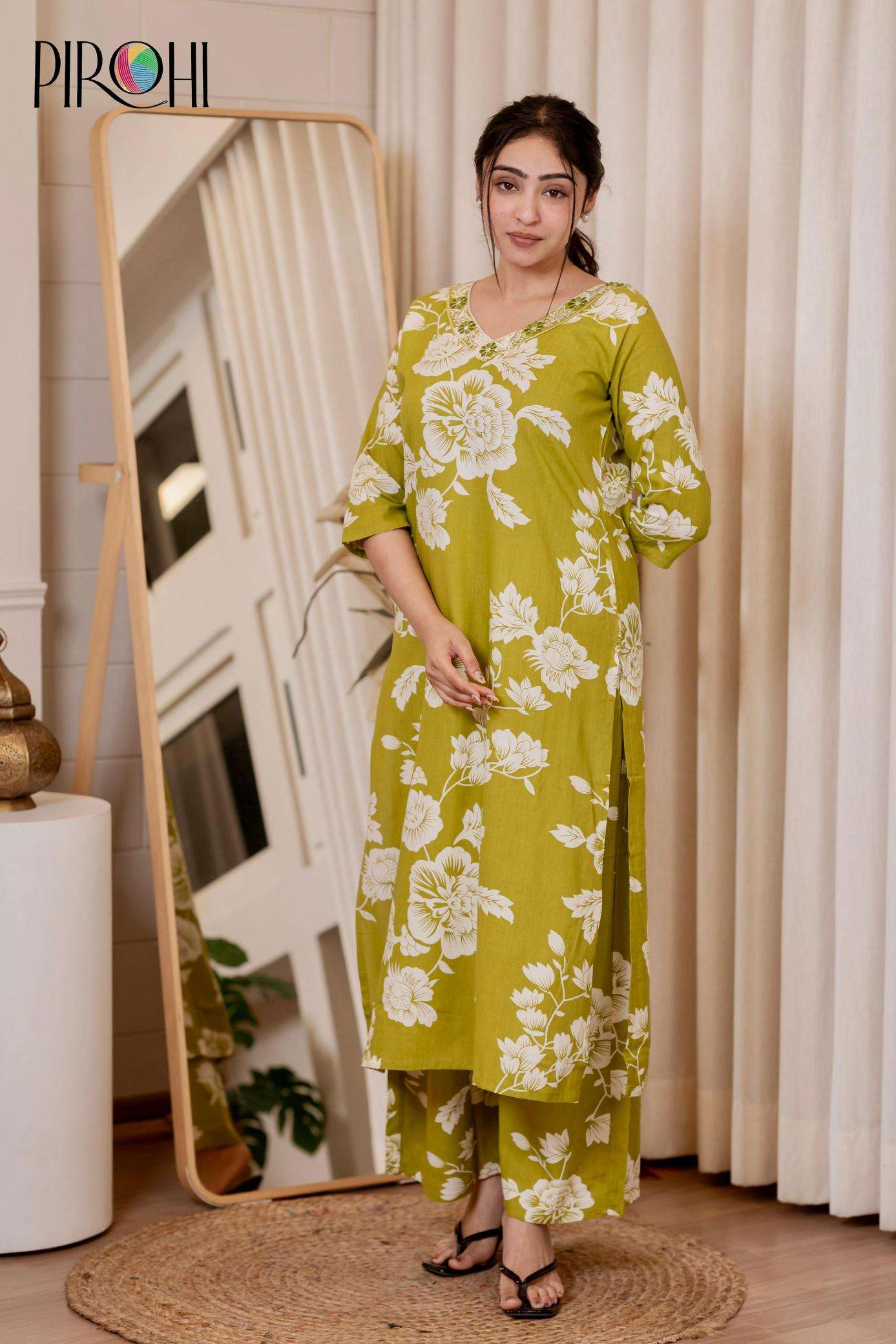 Pirohi kanchi rayon prints v neck cooord set indian kurtis dress