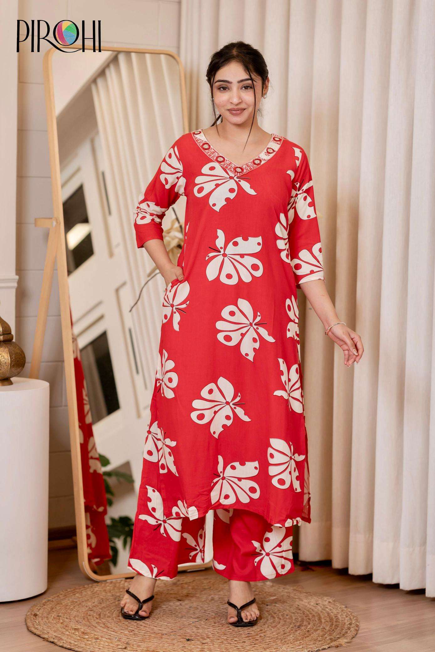 Pirohi kanchi rayon prints v neck cooord set indian kurtis dress