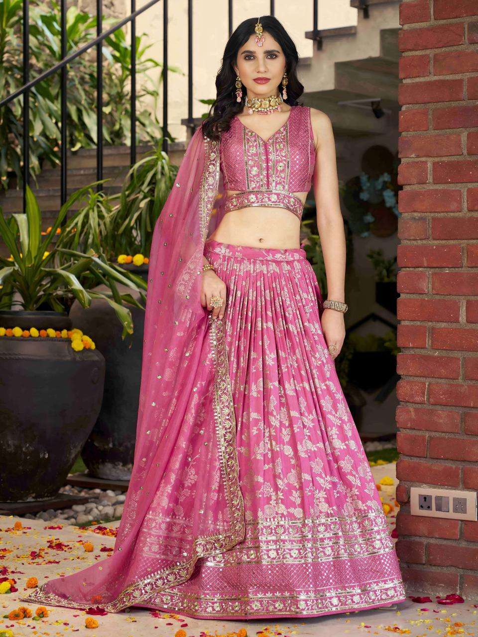 Zeel Clothing Dola Silk Jacquard Pink navratri lehenga wholesale