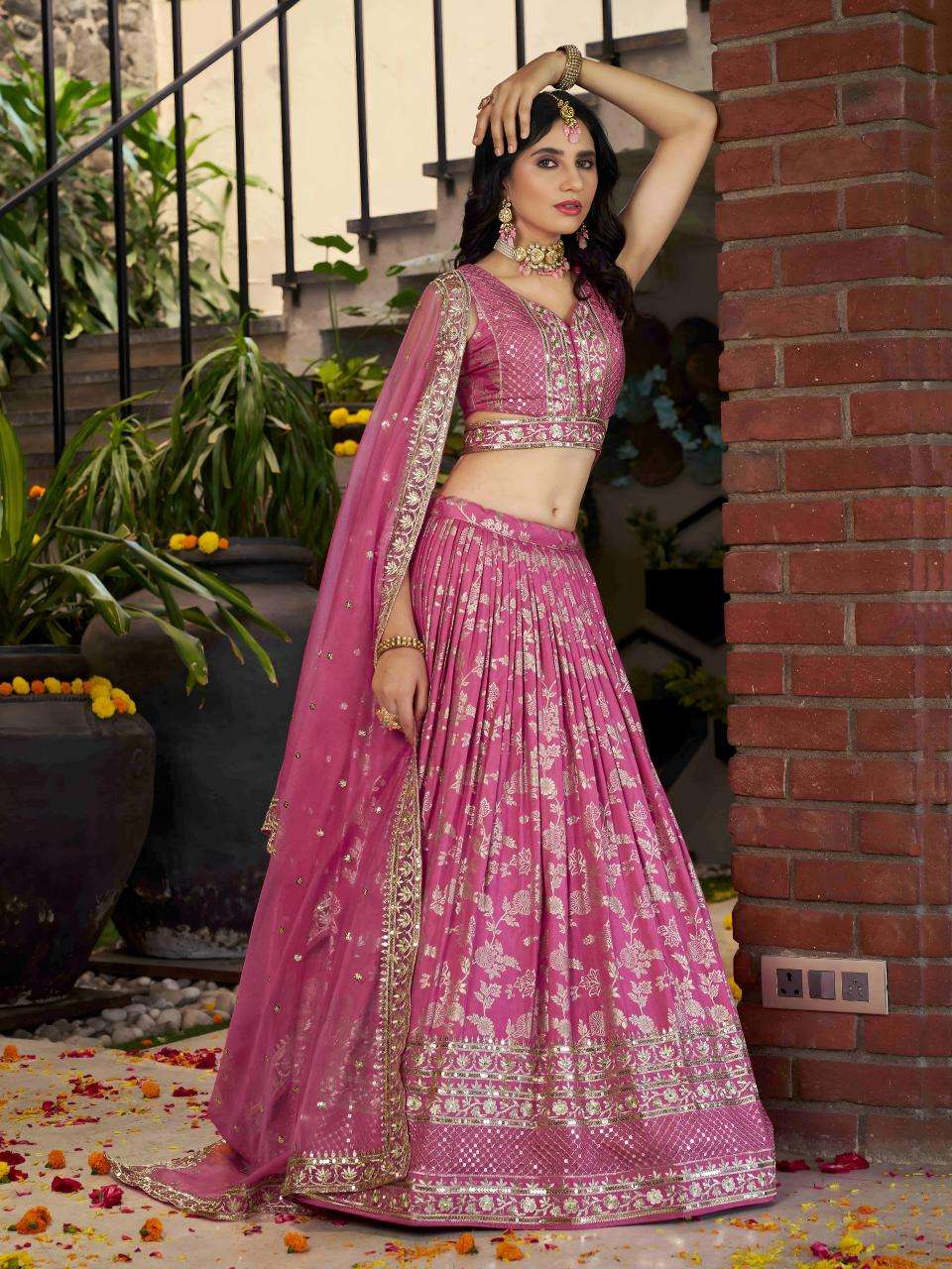 Zeel Clothing Dola Silk Jacquard Pink navratri lehenga wholesale