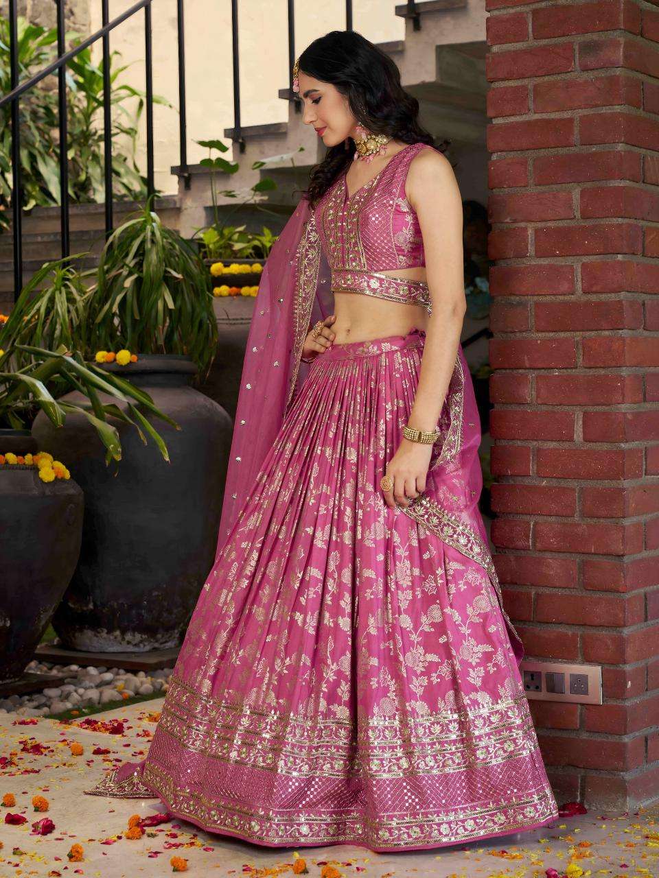 Zeel Clothing Dola Silk Jacquard Pink navratri lehenga wholesale
