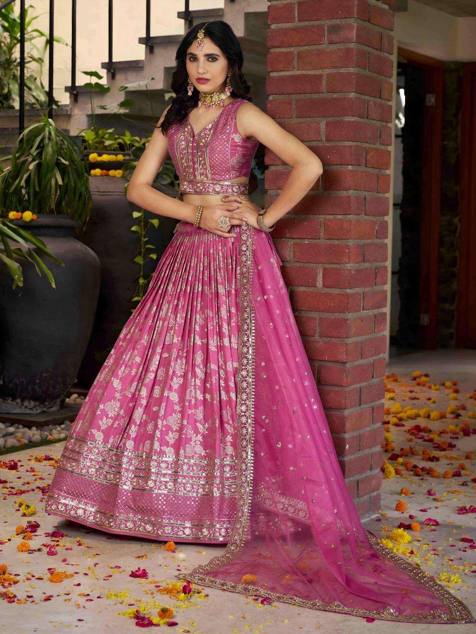Zeel Clothing Dola Silk Jacquard Pink navratri lehenga wholesale