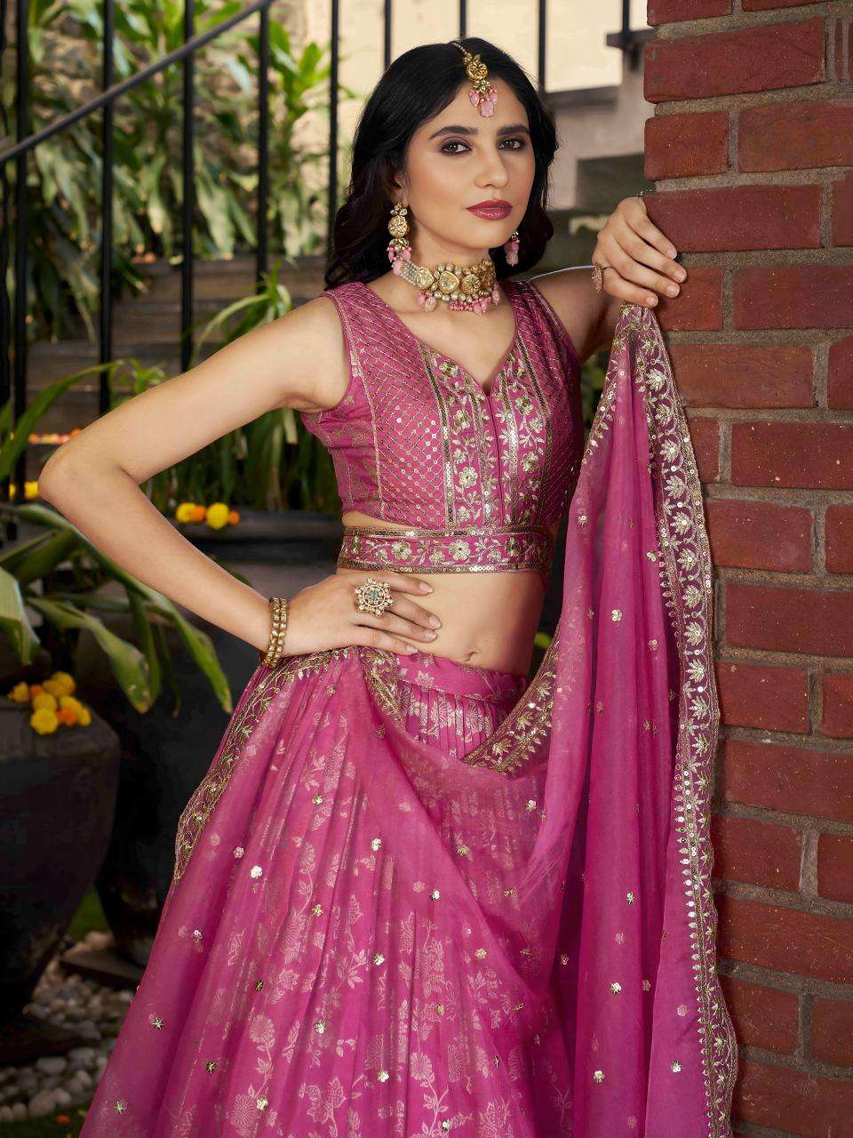 Zeel Clothing Dola Silk Jacquard Pink navratri lehenga wholesale