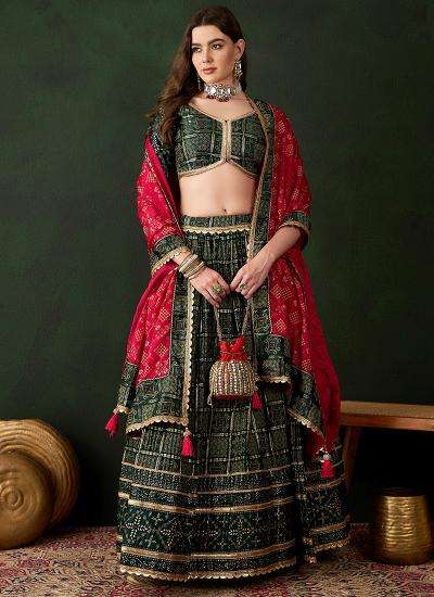 Dark Green Poly Satin Printed Work Wholesale lehenga choli in Ahmedabad