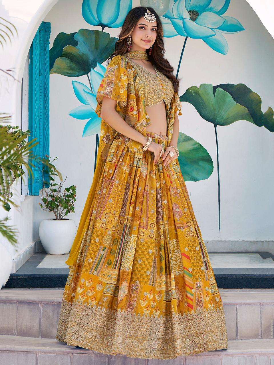 Queen Multicolor Chinnon Silk Yellow Lehenga choli suppliers