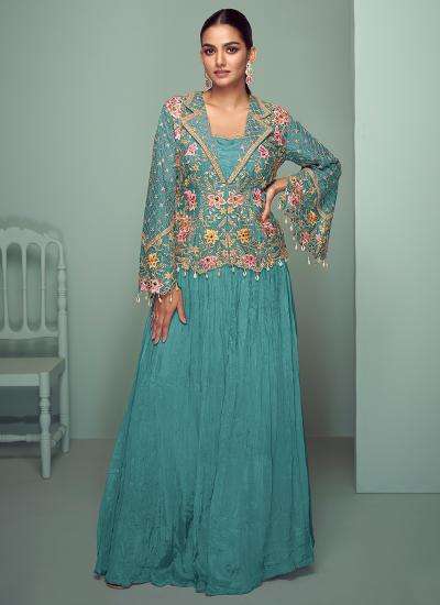 Teal Green Chinon Thread Embroidery Work Top Designer lehenga choli wholesale