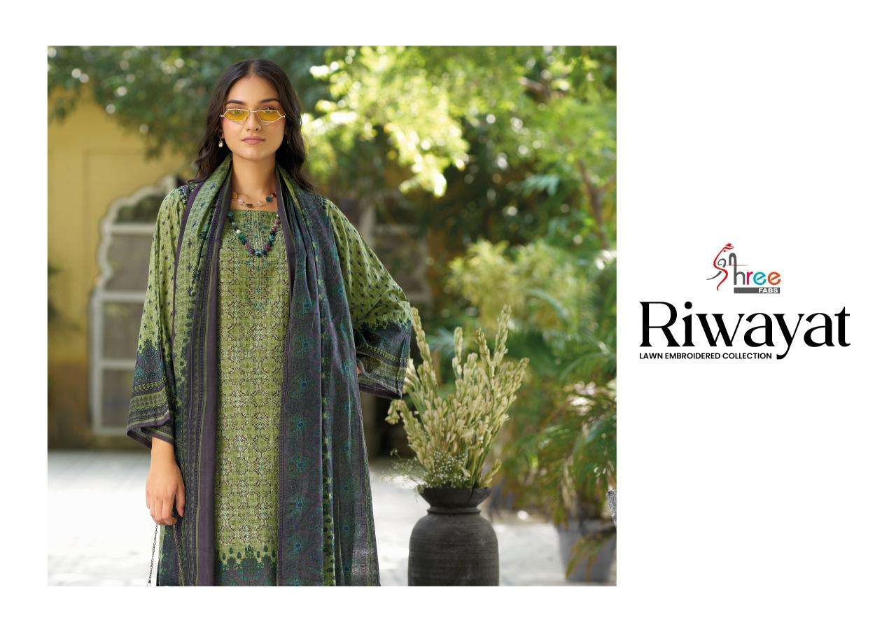 Shree fabs riwayat lawn emb collection 2025 Wholesale cotton dress material in Surat