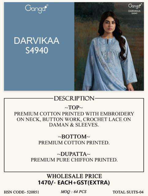 Ganga darvikaa 4940 wholesale dress material market in ahmedabad with price