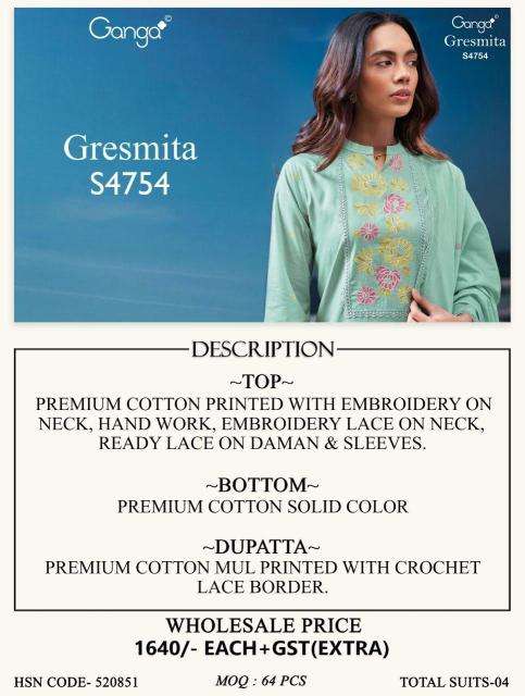 Ganga gresmita 4754 pune dress material wholesale